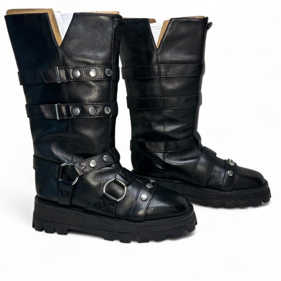 SCHUTZ Women's Iggy Black Leather Studded Combat Boots, 7B, NEW IN BOX - Picture 1 of 16